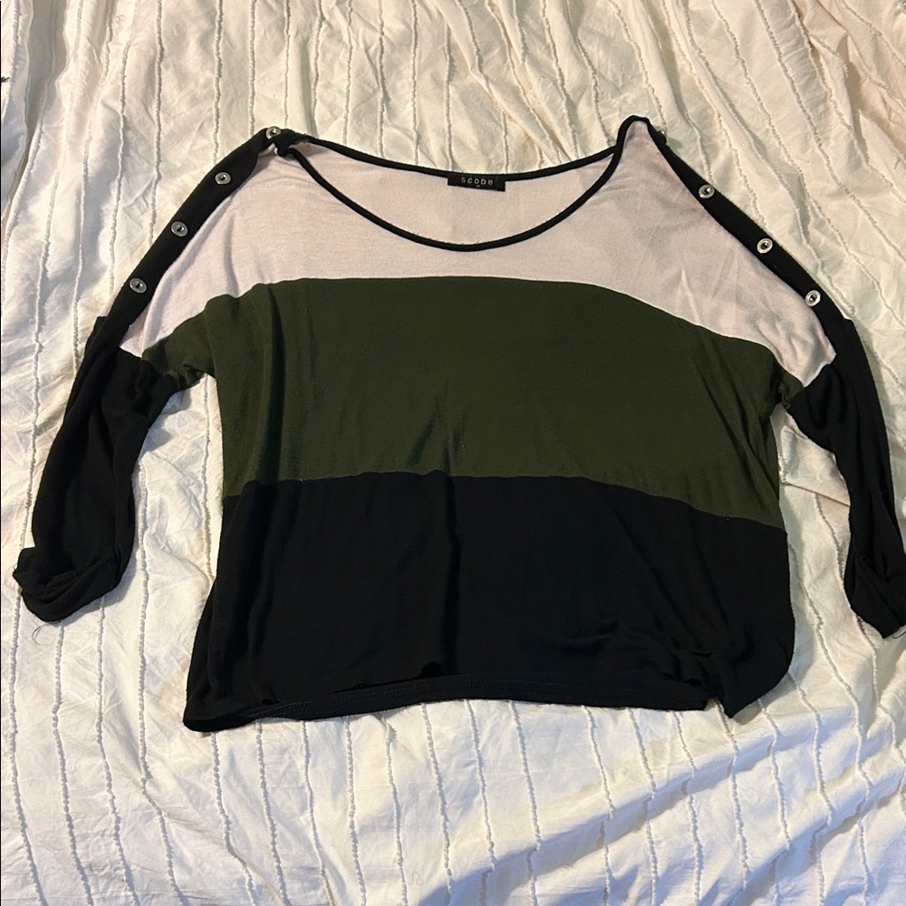 Alfani Black, Green, and White Button-Shoulder Blouse